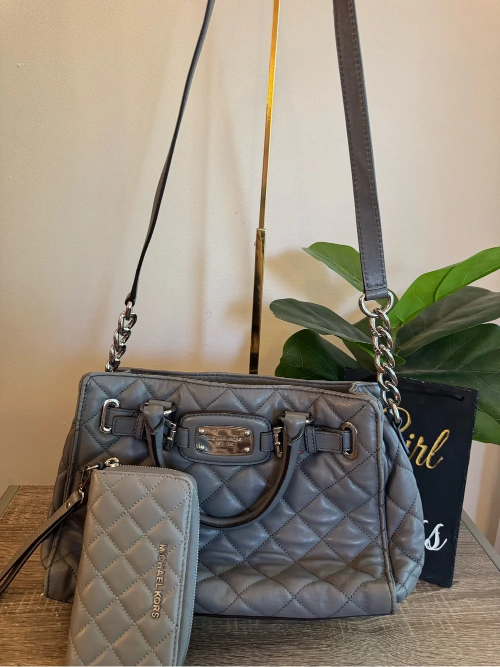 Michael Kors Quilted Satchel and Wallet Set in Gray